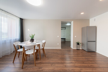 Modern Home Living Room Interior, Fridge in Background. Stylish Modern Apartment. Open Space, Coffee Table, Scandinavian Design. Windows and Curtains.