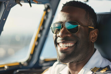 Black American handsome man smiling, pilot