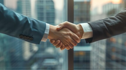 CEO and finance manager shaking hands after a successful negotiation in a high-rise office
