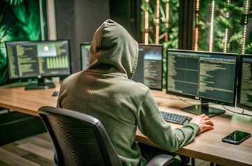 Hacker sitting at the computer cyber security and antispyware concept