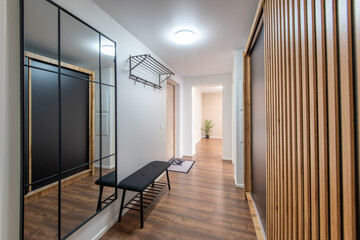 Home Entrance Hall. Interior. Wooden White Door, Brown Flooring and White Wardrobe. Minimalism. LED Light. Black Bench. Mirror.