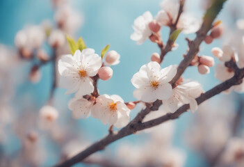 Obraz premium Beautiful floral spring abstract background of nature Branches of blossoming apricot macro with soft