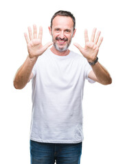 Fototapeta premium Middle age hoary senior man wearing white t-shirt over isolated background showing and pointing up with fingers number ten while smiling confident and happy.
