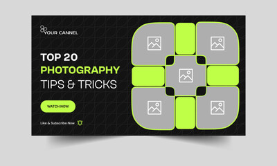 Best photography services video thumbnail banner design, photography training tips and tricks video cover banner design, fully editable vector eps 10 file format