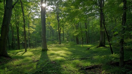 Fototapeta premium Serene Sunlight Filtering Through Lush Forest Canopy