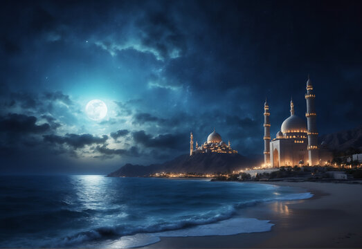 Realistic view with an amazing midnight sky mountain big ocean with nice moon