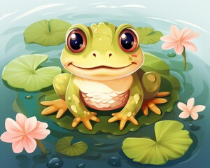 Frog squatting compactly flat design top view lily pad cartoon drawing colored pastel