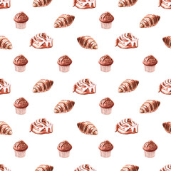 Coffee seamless pattern. Repeating image for printing on gift wrapping paper. Invigorating drinks in morning, rituals and breakfast. Sweets, croissants and muffins. Cartoon flat illustration