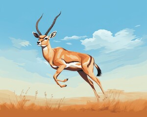 Gazelle leaping high flat design top view savannah plains cartoon drawing colored pastel