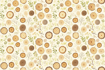 This seamless pattern features tree rings and branches with leaves on a light beige background, creating a natural and rustic feel.