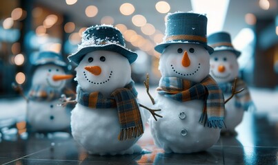 A group of snowmen dressed in business suits work together in a modern office.  Funny winter or christmas concept, Generative AI