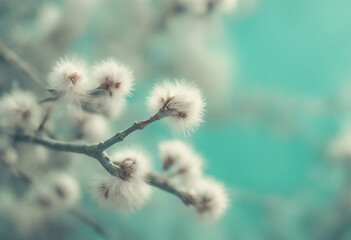 Fototapeta premium Blooming fluffy willow branches in spring close-up on nature macro with soft focus on turquoise blue