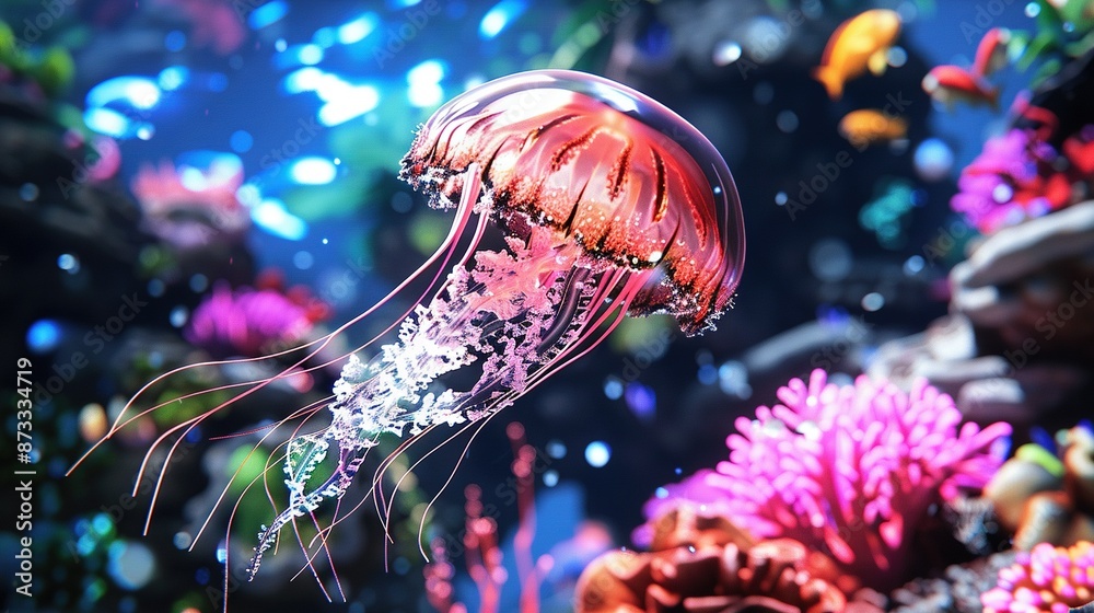 Poster a close-up of a jellyfish in an aquarium surrounded by corals and other marine life in the backgroun