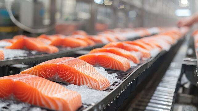 conveyor belt in a fish processing factory plant with a line of fresh salmon trunks