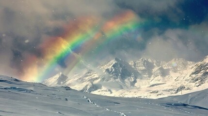  A vibrant rainbow appears against a snow-covered mountain range with a snow-capped peak behind it