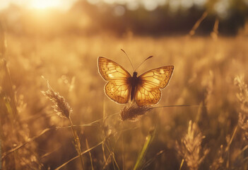 Golden butterfly glows in the sun at sunset macro Wild grass on a meadow in the summer in the rays o