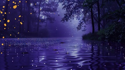  A river brimming with water adjoins a forest abundant with golden lanterns bobbing atop it