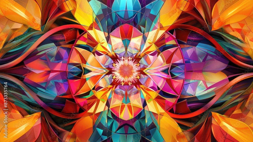 Poster a kaleidoscope of swirling colors and geometric forms, merging into a vivid and energetic abstract c