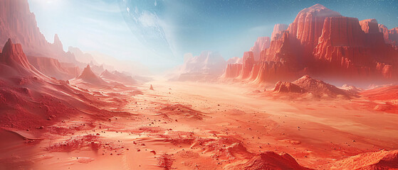 An alien landscape with red sandy terrain, sharp rock formations, a massive planet dominating the sky, and multiple moons in a star-filled sky