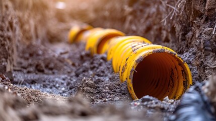 Obraz premium Plastic pipes buried for building construction with space for text