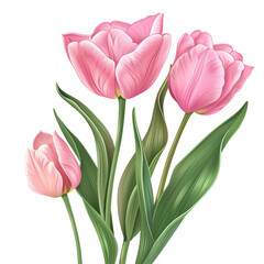 Fototapeta premium Beautiful illustration of pink tulip flowers with green leaves, perfect for spring-themed designs and floral decorations.