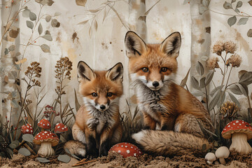 Fototapeta premium Two foxes sit in a whimsical forest scene, surrounded by foliage and mushrooms. The detailed background adds charm and a magical touch to the image