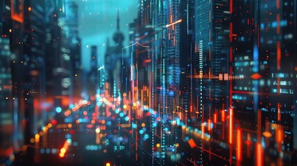 Obraz premium A futuristic cityscape with vibrant lights, digital data overlays, and tall skyscrapers, capturing the essence of modern technology and finance.
