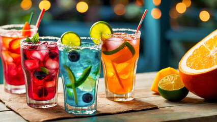 Summer background with group of glasses filled with different types of drinks
