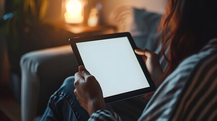 Close-up of a woman's hands using a digital tablet with a blank screen. Technology, communication, and connectivity concept design