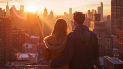 Fototapeta premium Romantic couple admiring city skyline from a rooftop, golden hour lighting, scenic view