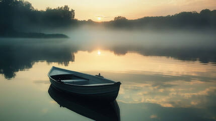 Serene Lake at Dawn with Mist Rising and Rowboat Floating Near the Shore