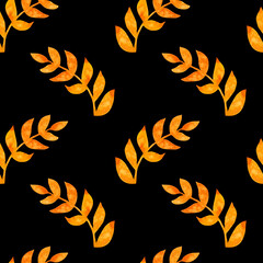 Seamless pattern of yellow twig leaves painted with watercolors on a black background. For fabric, sketchbook, wallpaper, wrapping paper. Hand painted floral elements. Drawn Botanical. watercolor 