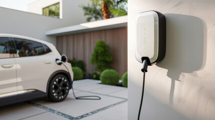 Fototapeta na wymiar voiture électrique branchée à une borne en train de recharger à domicile