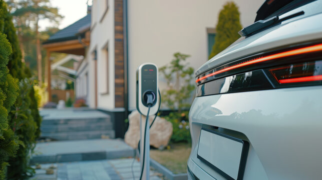 voiture électrique branchée à une borne en train de recharger à domicile