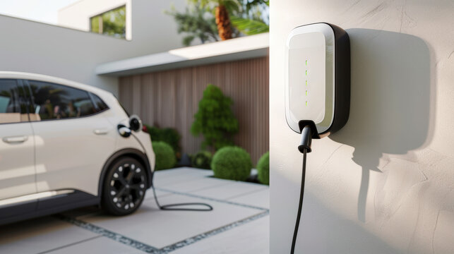 voiture électrique branchée à une borne en train de recharger à domicile