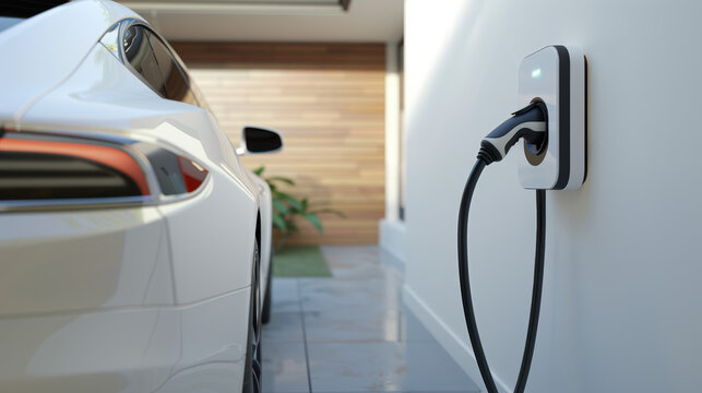 voiture &eacute;lectrique branch&eacute;e &agrave; une borne en train de recharger &agrave; domicile