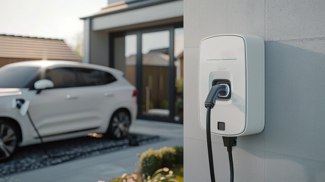 voiture électrique branchée à une borne en train de recharger à domicile