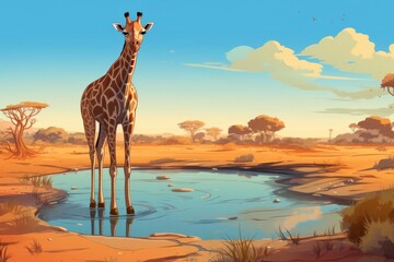 Giraffe bending down to drink flat design top view watering hole cartoon drawing colored pastel