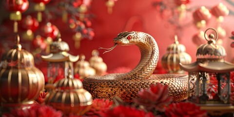 Fototapeta premium Golden Serpent Amidst Vibrant Red Lanterns in Ornate Asian Setting