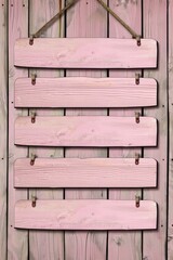 5 light pink wooden slats on the wall, 5 blank horizontal signs hanging side by side in the style of side. The background is a textured wood paneling surface.