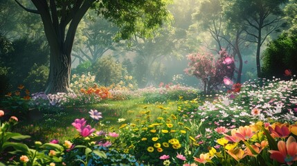 A magical garden where the flowers sing and the trees dance in the breeze.