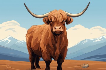 Highland cow with head bowed against the wind flat design top view countryside theme cartoon drawing vivid