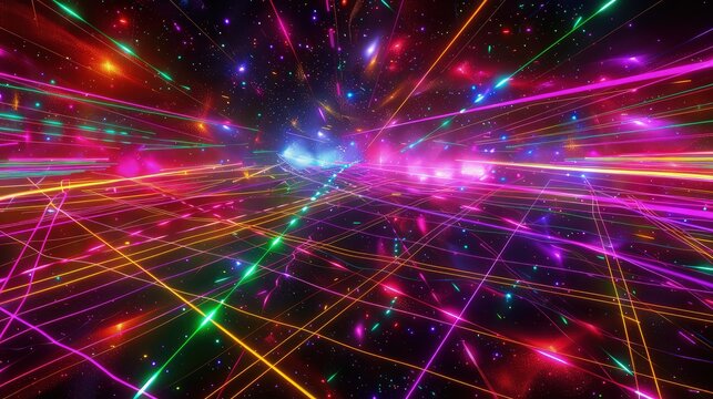 An abstract digital art piece featuring a matrix of neon grids and laser beams crossing in a chaotic, colorful pattern against a dark background.
