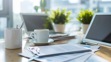 Desk with paperwork, tablet, and coffee cup, modern office, plenty of copy space, bright atmosphere