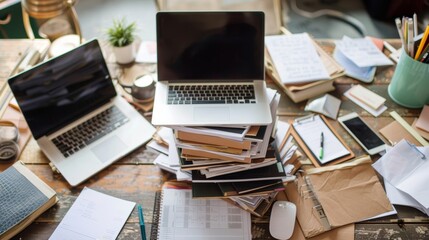 Fototapeta premium Busy office desk with stacks of documents and a laptop