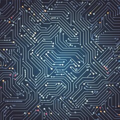 A black square contrasts the azure circuit board. The parallel lines and engineering font highlight the blue square in the center, symbolizing technology and innovation