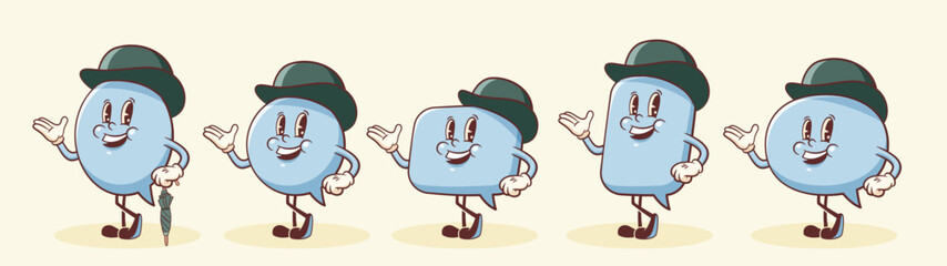 Vector English Talk Language Learning Group of British Gentleman Characters in Hats Illustrations Set. Groovy Cartoon Speech Bubbles Conversation Chat Message London Speak Personage Isolated