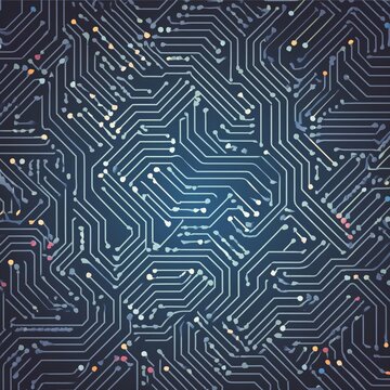 A black square contrasts the azure circuit board. The parallel lines and engineering font highlight the blue square in the center, symbolizing technology and innovation