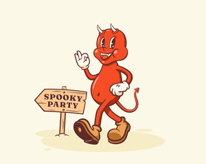 Halloween Groovy Demon Retro Character. Cartoon Devil Walking and Smiling. Vector Autumn Holiday Mascot Template. Happy Vintage Cool Illustration Isolated