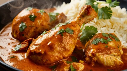 Tikka Masala is a dish of Indian cuisine, pieces (tikka) of fried chicken with curry in a juicy red or orange sauce based on tomatoes and peppers.